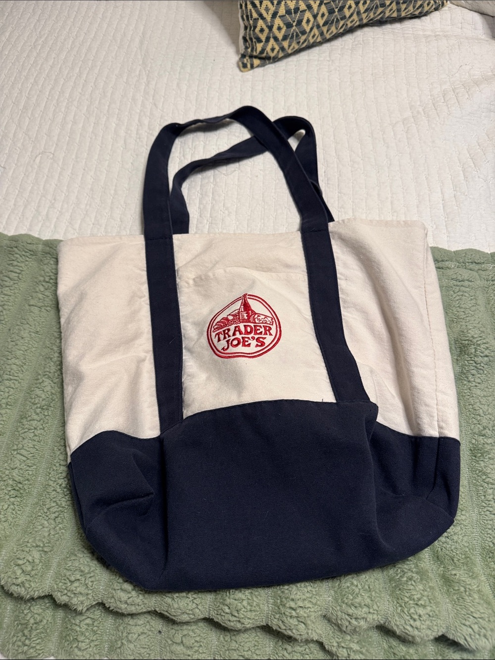 Trader Joe's Canvas Tote Bag in Cream and Navy